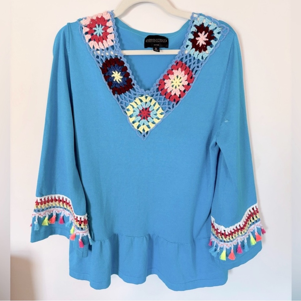 Retro granny square festival tunic top blue size Large